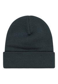 Bonnet en tricot vert foncé avec un revers plié. Texture douce et design sans couture, adapté aux temps froids.