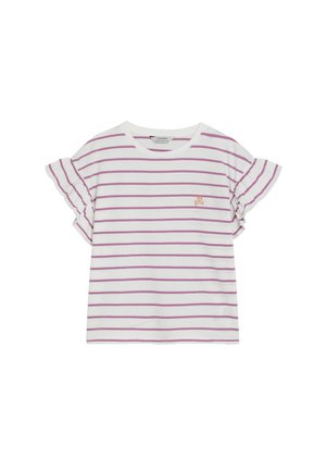 Camiseta blanca de manga corta con rayas horizontales rosas, mangas con volantes y un pequeño logo de calavera naranja en el lado izquierdo del pecho.