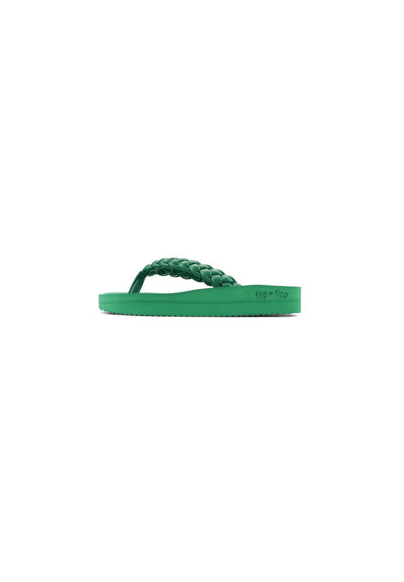 Green flip-flop with a braided strap design, made from rubber, featuring a textured sole and the brand name "flip * flop" embossed on the side.