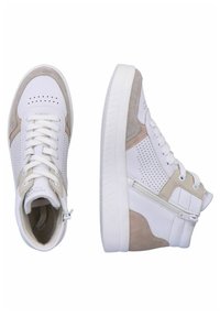 Baskets montantes avec cuir blanc et accents en suède beige clair. Présentent un design perforé, des lacets blancs et une fermeture éclair sur le côté. Semelle en caoutchouc.
