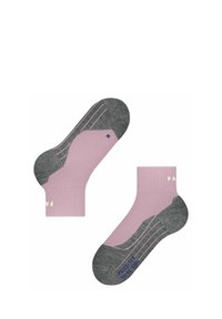 Calze alla caviglia grigie e rosa con bordo a coste, caratterizzate da un logo e un motivo a righe sulla suola. Tessuto morbido e forma ergonomica per il massimo comfort.