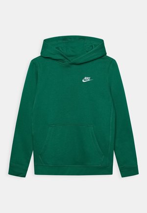 Zielona bluza z kapturem, wykonana z miękkiego materiału, z przednią kieszenią i małym białym logo Nike na piersi. Prosty design i krój.