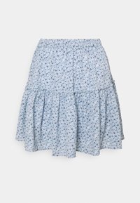 Gonna con stampa floreale in blu chiaro con vita elastica. Presenta volant a strati e un tessuto leggero e testurizzato.