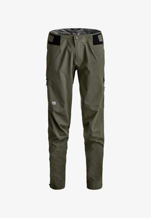 Herren-Outdoorhose in Olivgrün mit verstellbaren Klettverschluss-Taille, Reißverschlusstaschen an den Seiten und einem kleinen Logo am linken Oberschenkel.