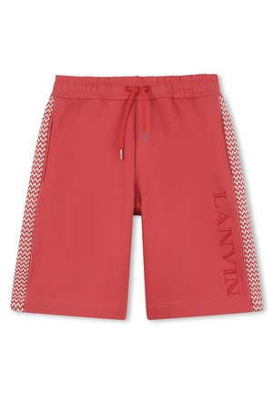 Red drawstring shorts with zigzag patterned side stripes and "LANVIN" embroidered vertically on the right leg.