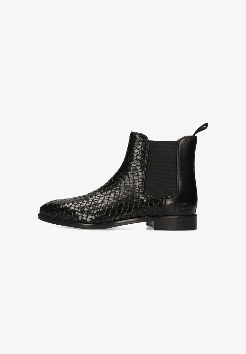 Bottes basses en cuir noir avec une texture tissée, des panneaux latéraux élastiques et un talon bas. Dotées d'une languette pour un enfilage facile.