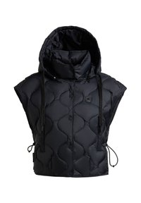 Sort, ærmeløs, quiltet puffervest med høj krave, justerbar hætte, frontknapper med trykknapper og snoretræk i siderne.