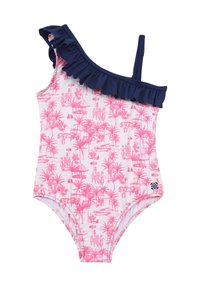 Maillot de bain une épaule avec volants bleu marine, présentant un imprimé de palmier rose et de scène de plage sur fond blanc. Tissu lisse, coupe ajustée.