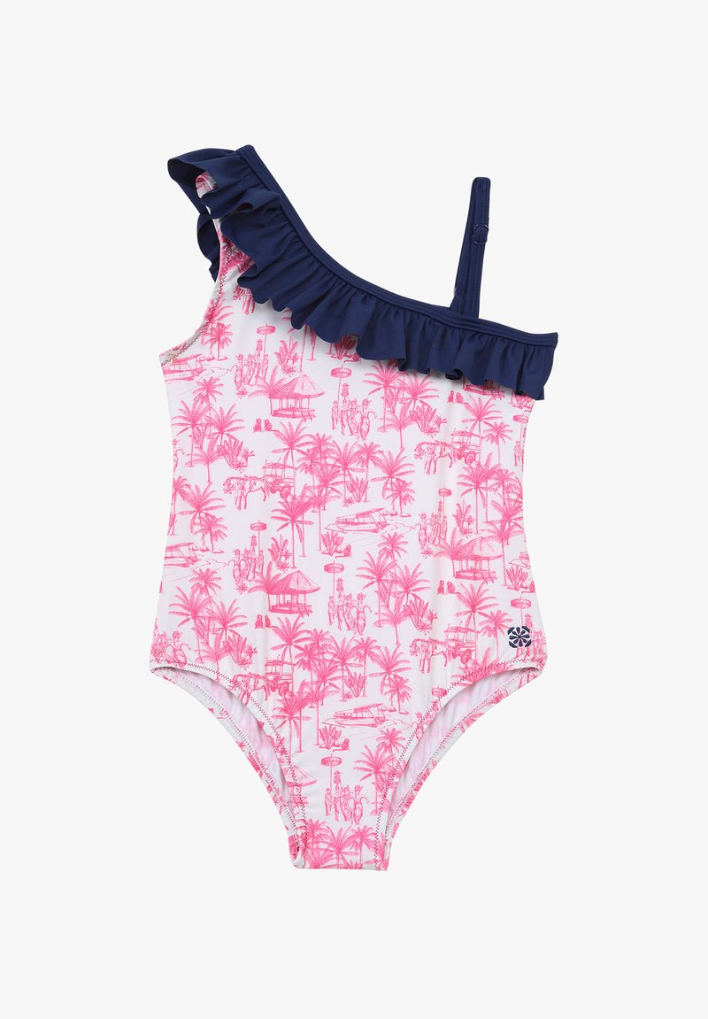 Maillot de bain une épaule avec volants bleu marine, présentant un imprimé de palmier rose et de scène de plage sur fond blanc. Tissu lisse, coupe ajustée.