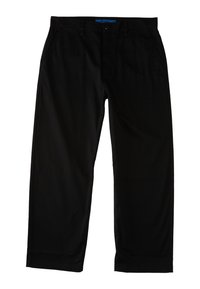Black straight-leg pants with belt loops, button closure, and side pockets, displayed against a white background.