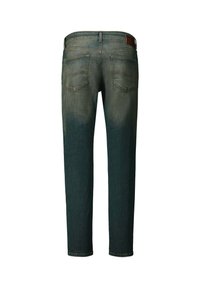 Σκούρο μπλε τζιν από denim, εμφανίζεται από πίσω με δύο ραμμένες τσέπες και καφέ δερμάτινη ταμπέλα στη μέση.
