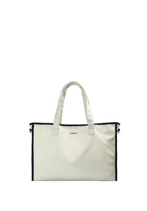 Bolsa tote rectangular color marfil con ribete negro, asas dobles y pequeño logo centrado que dice "Scalpers."