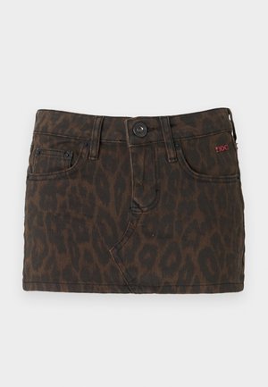 Kratka jeans krila v temno rjavi barvi z vzorcem leoparda, z gumbom za zapiranje, zankami za pas in sprednjimi žepi. Rdeč logotip kot okras.