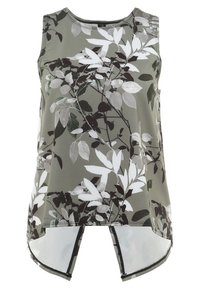 Bezrekawnik w oliwkowej zieleni z białym i czarnym wzorem liści. Okrągły dekolt i asymetryczny dół z kontrastową przezroczystą wstawką z tyłu.
