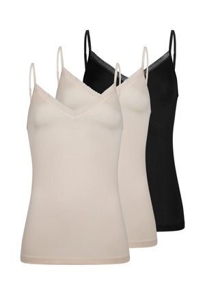 Tre dame-camisole i beige og sort med blondekant og tynde justerbare stropper, vist på en hvid baggrund.