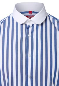 Camicia a righe blu e bianche con abbottonatura frontale, colletto classico e tessuto di cotone morbido. Presenta righe verticali spaziati uniformemente.