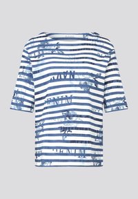 Navy and white striped short-sleeve shirt with floral pattern and text, featuring a relaxed fit and a boat neckline. Soft fabric texture.