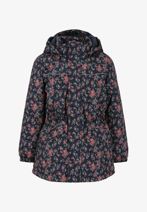 Marineblå blomsterjakke med hætte, elastiske manchetter, justerbar talje og to forlommer med diskrete lynlåse. Blødt stof med struktureret mønster.