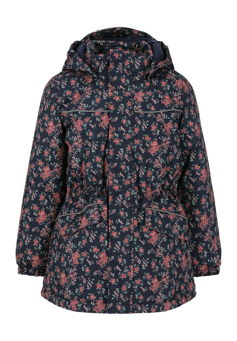 Marineblauwe bloemenjack met capuchon, elastische manchetten, verstelbare taille en twee voorkanten met subtiele ritsen. Zachte stof met een gestructureerd patroon.
