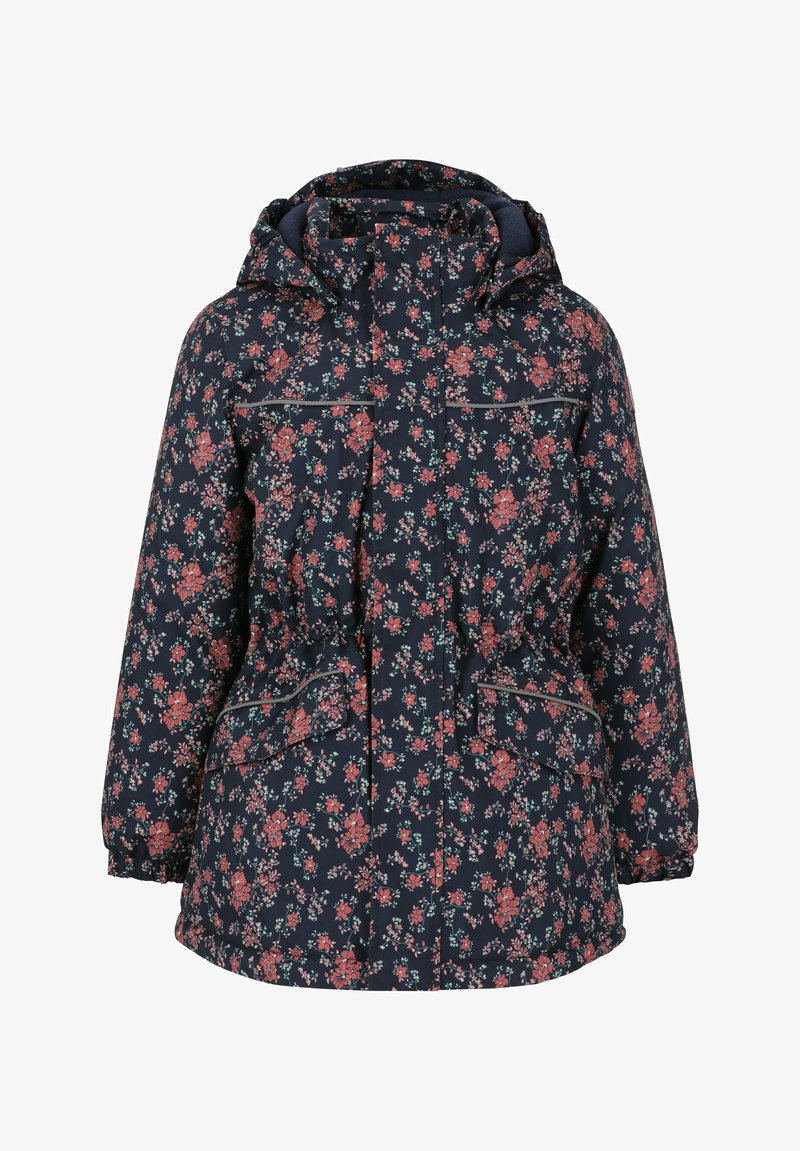 Marineblauwe bloemenjack met capuchon, elastische manchetten, verstelbare taille en twee voorkanten met subtiele ritsen. Zachte stof met een gestructureerd patroon.