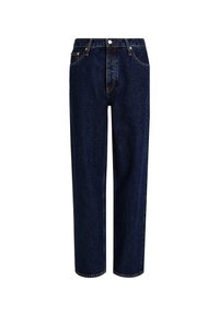 Donkerblauwe denim jeans met een rechte pasvorm, hoge taille, voorzakken en gouden stiksels. Beschikt over een knoopsluiting en riemlussen.