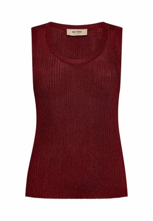 Rotes, ärmelloses Oberteil aus geripptem Stoff mit Rundhalsausschnitt. Verfügt über einen gewellten Saum und einen dezenten Glanz. Markenetikett sichtbar innen.