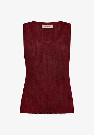 Rotes, ärmelloses Oberteil aus geripptem Stoff mit Rundhalsausschnitt. Verfügt über einen gewellten Saum und einen dezenten Glanz. Markenetikett sichtbar innen.