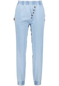 Jasnoniebieskie, lekkie spodnie z materiału z elastycznym paskiem w talii, kieszeniami z przodu i ozdobnymi guzikami wzdłuż szwu bocznego. Elastyczne mankiety.