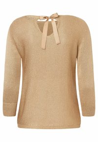 Beige gebreide trui met een brede halslijn, driekwartmouwen en een satijnen strik aan de achterkant. Geleefd afwerking over de hele trui.