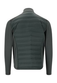 Mørkegrøn jakke med polstret ryg med lodrette syninger, strømlinet design, lange ærmer og høj krave.