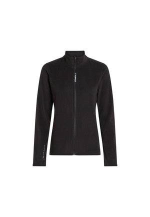 Giacca in pile nera con zip frontale, colletto alto e maniche lunghe. Decorata con testo logo bianco sul davanti e sulla manica.