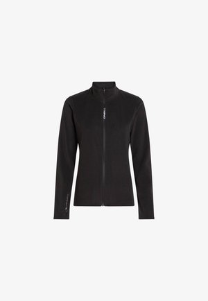 Czarna polarowa kurtka z zamkiem z przodu, wysokim kołnierzem i długimi rękawami. Udekorowana białym logo na przodzie i rękawie.