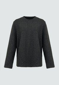 Maglione grigio scuro in maglia con una texture a costine, colletto a girocollo e maniche lunghe. Forma ampia, design minimalista, senza chiusure visibili.