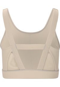Beige urheiluliivit, joissa on saumaton muotoilu, leveät hihnat ja verkkoakkentit. Ominaisuuksiin kuuluu sileä rakenne ja vahvistetut saumat.
