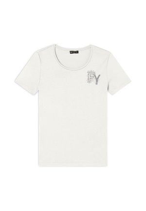 T-shirt bianco a maniche corte realizzato in cotone morbido. Presenta un collo rotondo e un logo decorato con strass argentati sul petto.