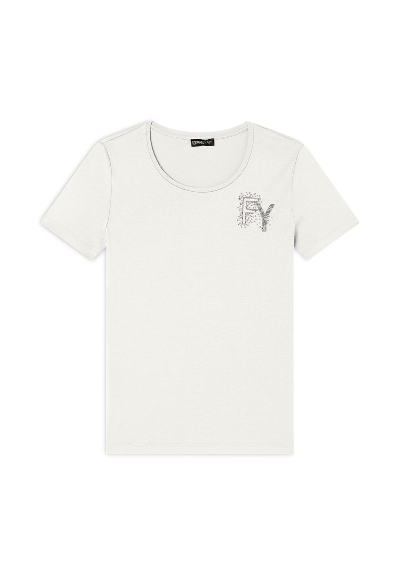 Camiseta blanca de manga corta hecha de algodón suave. Presenta un cuello redondo y un logo adornado con strass plateado en el pecho.