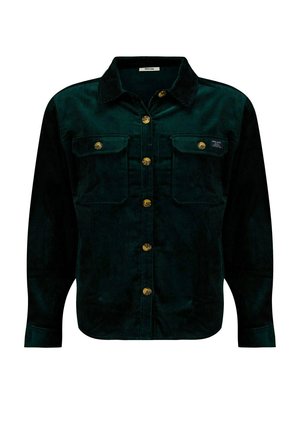 Green corduroy jacket with a classic collar, two chest pockets, and gold buttons. Features textured fabric and a relaxed fit.