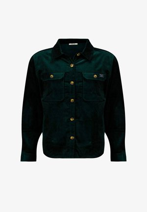 Groene corduroyjas met een klassieke kraag, twee borstzakken en gouden knopen. Heeft een gestructureerde stof en een ontspannen pasvorm.