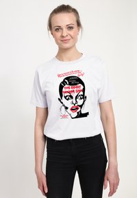 Biała koszulka z graficznym wzorem zaskoczonej twarzy z czerwonymi ustami i czarnymi akcentami, z napisem "THE ROCKY HORROR SHOW".