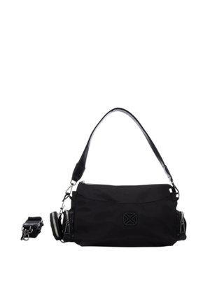 Borsa a tracolla nera con tracolla removibile, compartimento principale con zip, due tasche laterali con zip e un portamonete circolare attaccato su un lato.