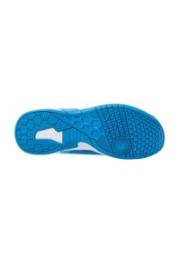Blauwe sportchoenen zool met textuurpatronen en honingraatdetails. Rubber materiaal met een gladde afwerking. Bevat merktekens.