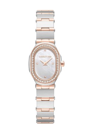 Orologio da polso ovale in argento e oro rosa con ghiera di diamanti, quadrante in madreperla, indicatori minimi e bracciale a maglie metalliche.