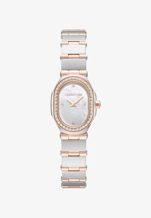 Ovalt sølv- og rosaguldkurvet armbåndsur med diamantbesat krans, skive af perlemor, minimalistiske markører og metalledsarmbånd.