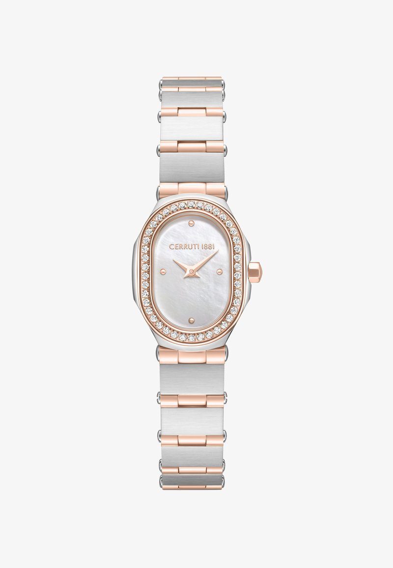 Reloj de pulsera ovalado de plata y oro rosa con bisel de diamantes, esfera de nácar, marcadores mínimos y una pulsera de eslabones metálicos.