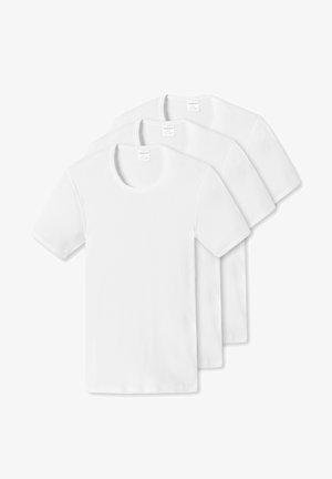 Drei schlichte weiße T-Shirts mit kurzen Ärmeln aus geripptem Baumwollstoff, die runde Ausschnitte und genähte Säume haben.