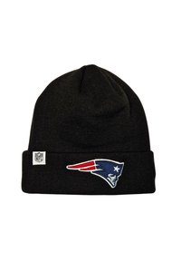 Black knit beanie with a folded cuff, featuring an embroidered New England Patriots logo in blue, red, and white, and an NFL tag.