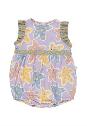 Tutina per neonati senza maniche con spalle arricciate, decorata con motivi colorati di stelle marine in giallo pastello, blu e rosa su uno sfondo viola chiaro.