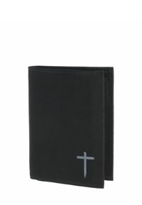 Black bifold wallet made of smooth leather, featuring a gray cross detail on the front and clean stitching along the edges.
