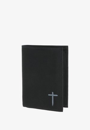 Black bifold wallet made of smooth leather, featuring a gray cross detail on the front and clean stitching along the edges.