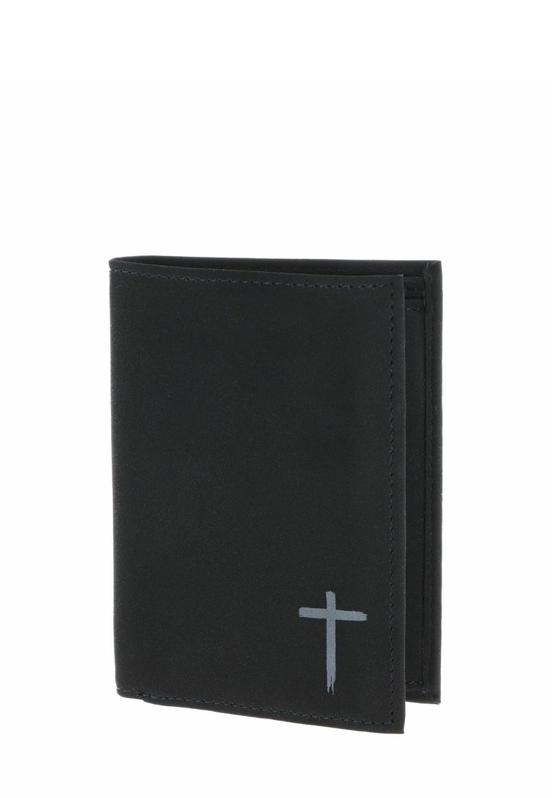 Black bifold wallet made of smooth leather, featuring a gray cross detail on the front and clean stitching along the edges.